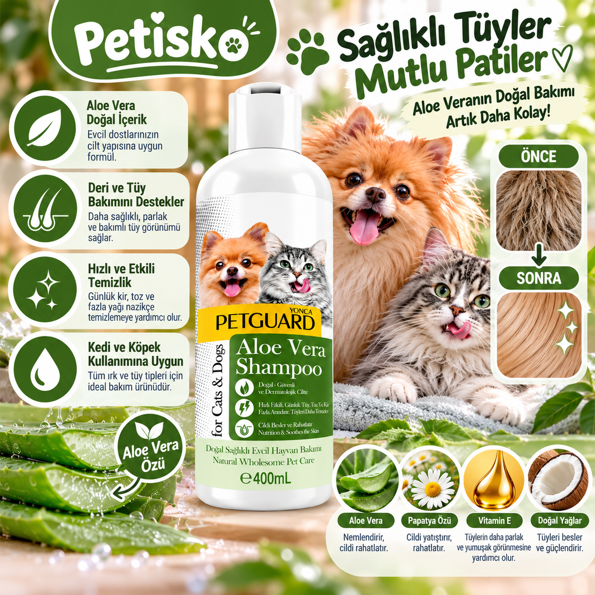 Petguard Aloe Vera Kedi ve Köpek Şampuanı 400 ml – Deri ve Tüy Bakım Şampuanı
