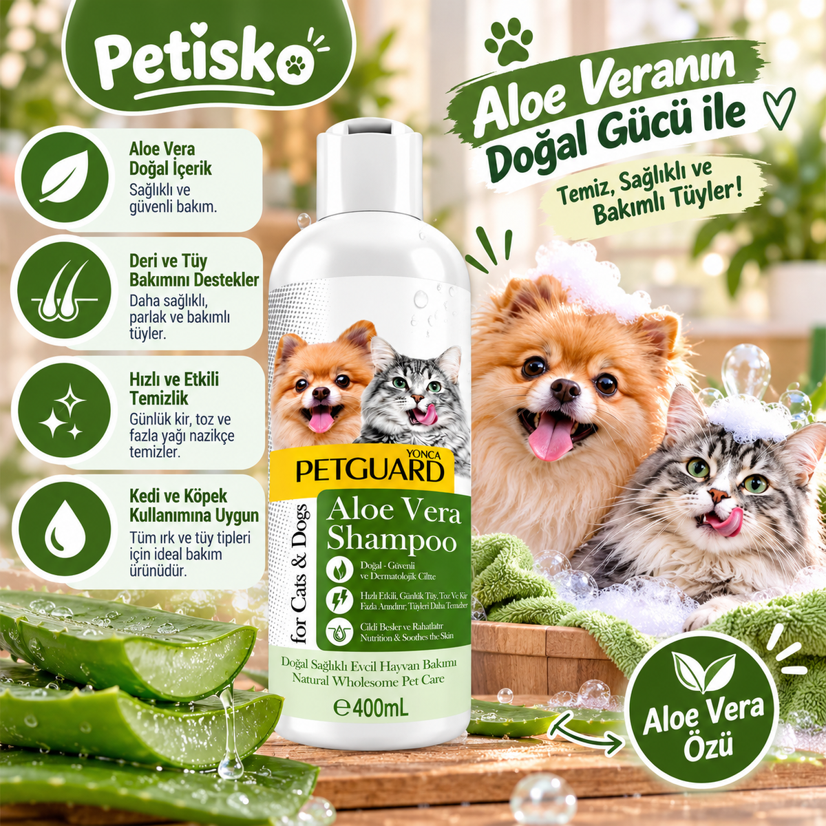 Petguard Aloe Vera Kedi ve Köpek Şampuanı 400 ml – Deri ve Tüy Bakım Şampuanı