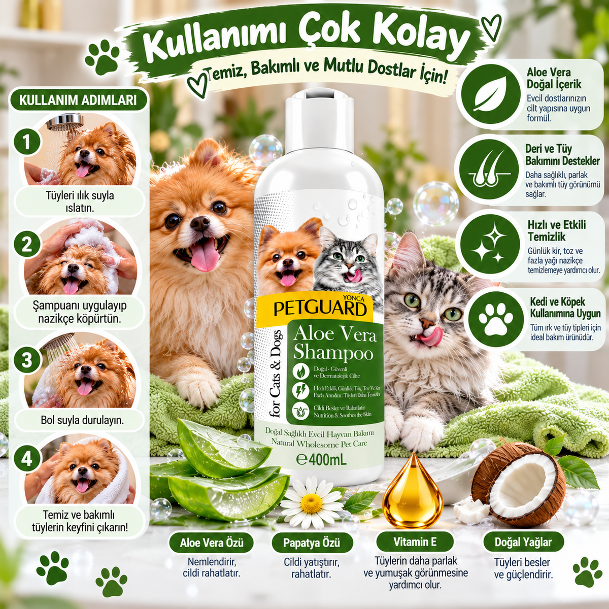 Petguard Aloe Vera Kedi ve Köpek Şampuanı 400 ml – Deri ve Tüy Bakım Şampuanı