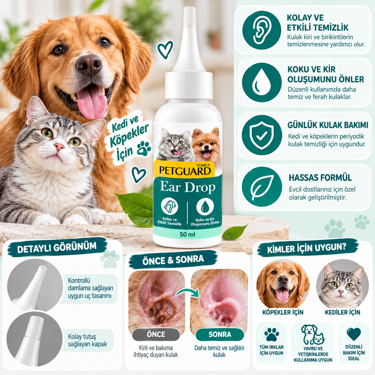 Petguard Ear Drop Kedi ve Köpek Kulak Temizleme Damlası 50 ml – Günlük Kulak Bakım Solüsyonu