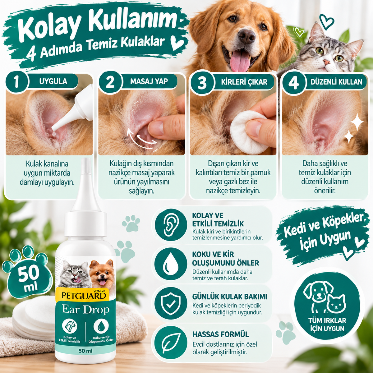 Petguard Ear Drop Kedi ve Köpek Kulak Temizleme Damlası 50 ml – Günlük Kulak Bakım Solüsyonu