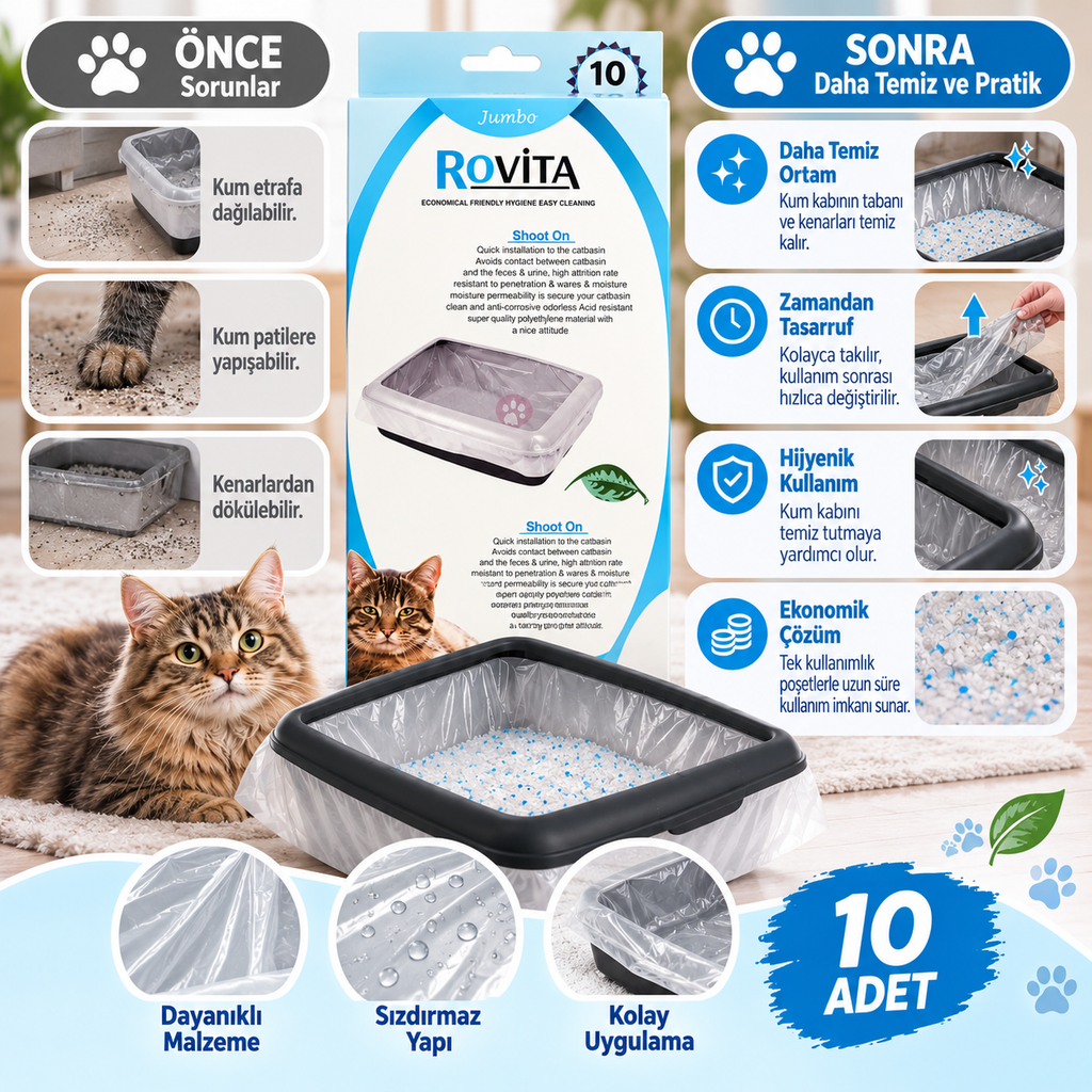 Rovita Jumbo Açık Kedi Tuvaleti Poşeti 10'lu Kutu – Kedi Kum Kabı Temizlik Torbası