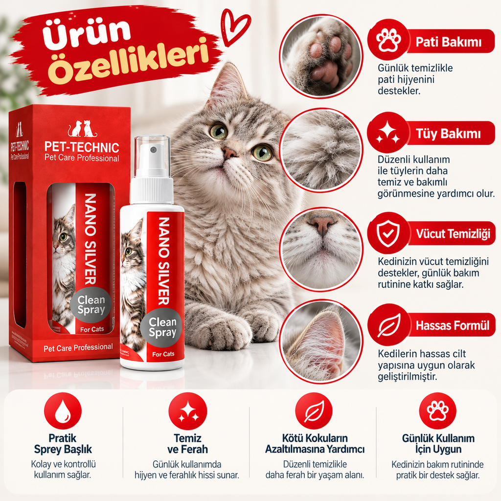 Pet-Technic Nano Silver Kedi Temizlik ve Bakım Spreyi 100 ml – Kedi Pati ve Tüy Bakım Spreyi