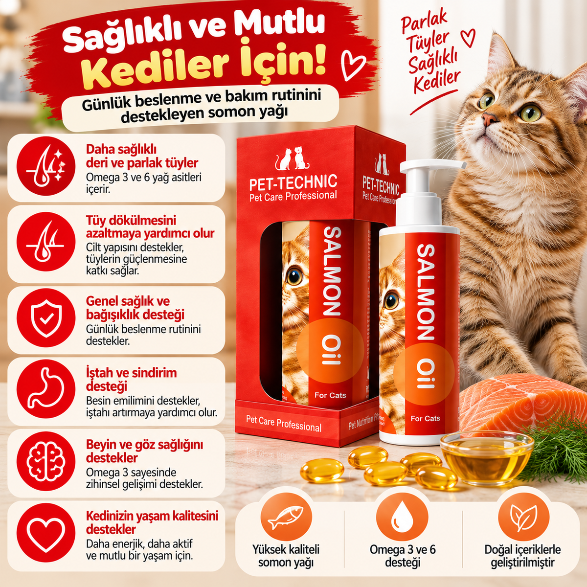 Pet-Technic Salmon Oil Kedi Somon Yağı 100 ml – Omega 3 ve 6 İçeren Sıvı Besin Desteği