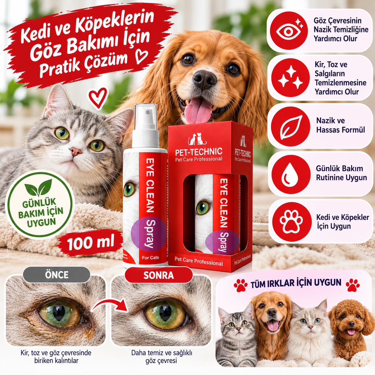 Pet-Technic Eye Clean Kedi Göz ve Göz Çevresi Bakım Spreyi 100 ml