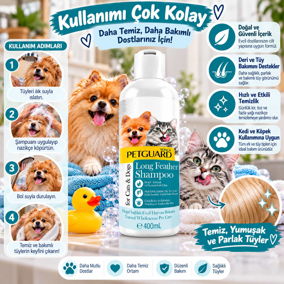 Petguard Long Feather Uzun Tüylü Kedi ve Köpek Şampuanı 400 ml – Deri ve Tüy Bakım Şampuanı
