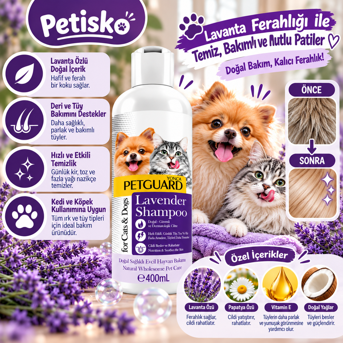 Petguard Lavender Kedi ve Köpek Şampuanı 400 ml – Lavantalı Deri ve Tüy Bakım Şampuanı
