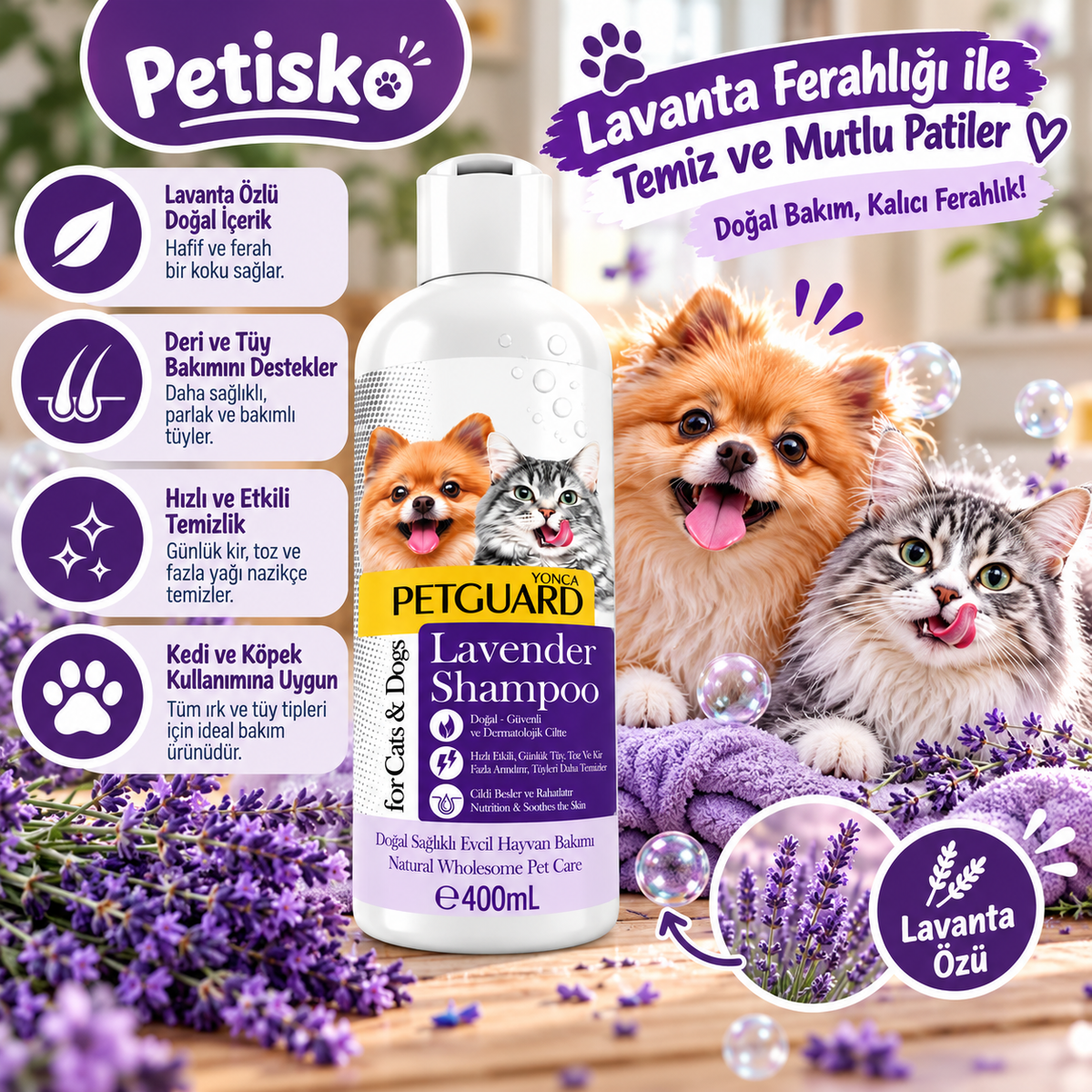 Petguard Lavender Kedi ve Köpek Şampuanı 400 ml – Lavantalı Deri ve Tüy Bakım Şampuanı
