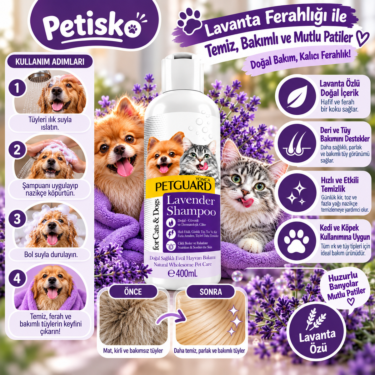 Petguard Lavender Kedi ve Köpek Şampuanı 400 ml – Lavantalı Deri ve Tüy Bakım Şampuanı