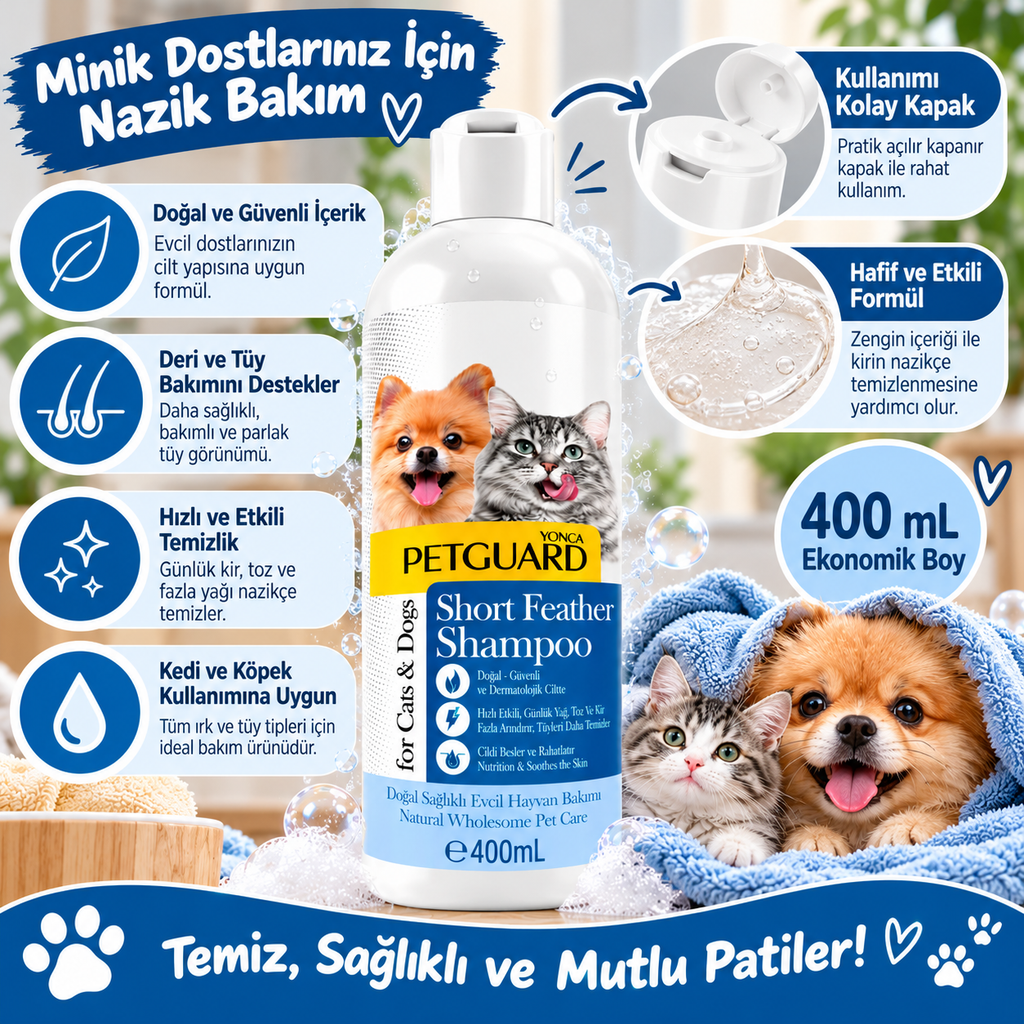 Petguard Short Feather Kısa Tüylü Kedi ve Köpek Şampuanı 400 ml – Deri ve Tüy Bakımı