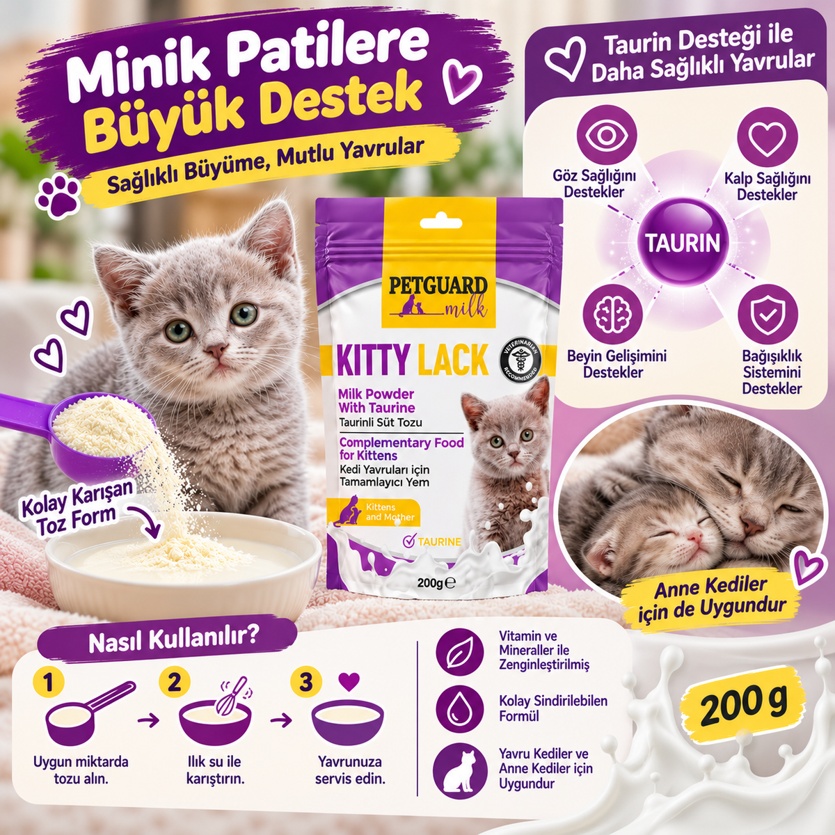 Petguard Kitty Lack Taurinli Yavru Kedi Süt Tozu 200 g – Tamamlayıcı Kedi Besini