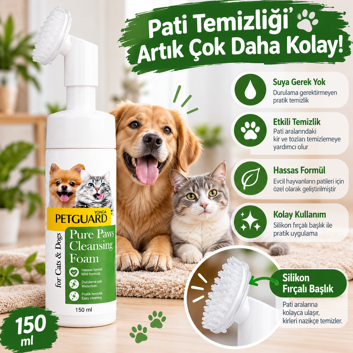 Petguard Pure Paws Kedi ve Köpek Pati Temizleme Köpüğü 150 ml – Silikon Fırçalı, Durulama Gerektirmeyen Bakım Köpüğü