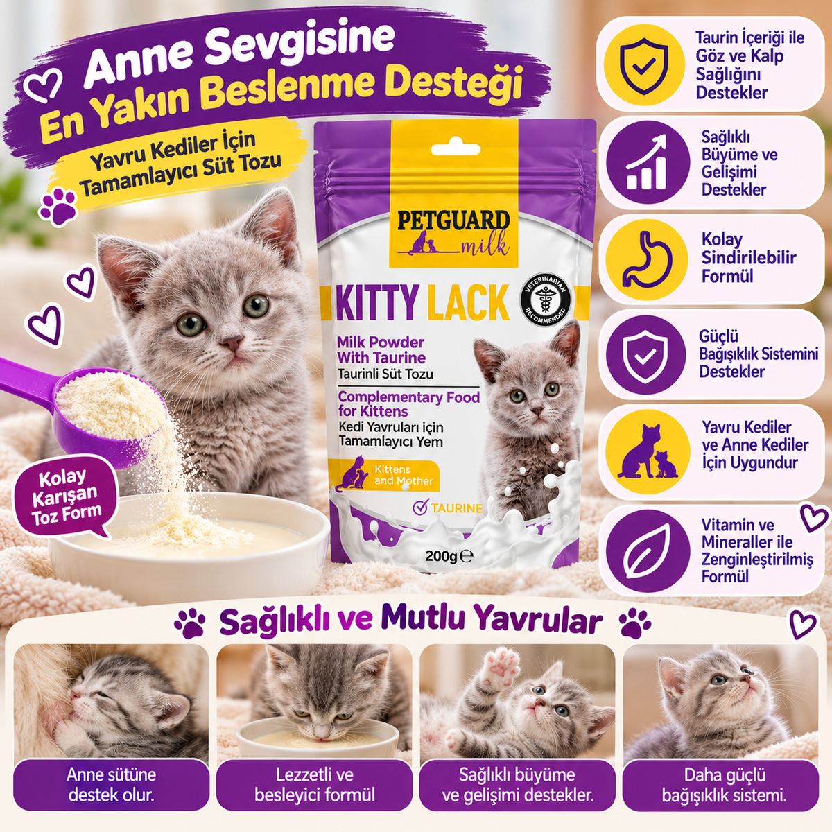 Petguard Kitty Lack Taurinli Yavru Kedi Süt Tozu 200 g – Tamamlayıcı Kedi Besini