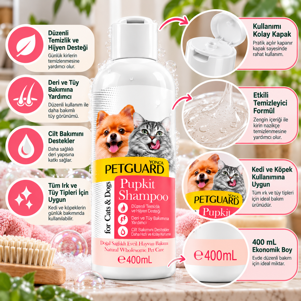 Petguard Pupkit Yavru Kedi ve Köpek Şampuanı 400 ml – Hassas Tüy ve Günlük Hijyen Bakımı
