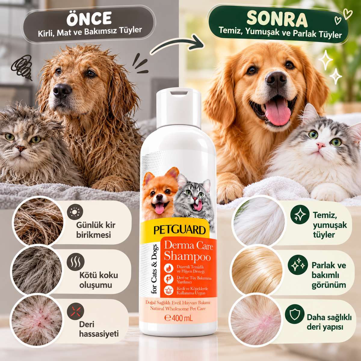 Petisko Petguard Derma Care Kedi ve Köpek Şampuanı 400 ml – Deri ve Tüy Bakım Şampuanı