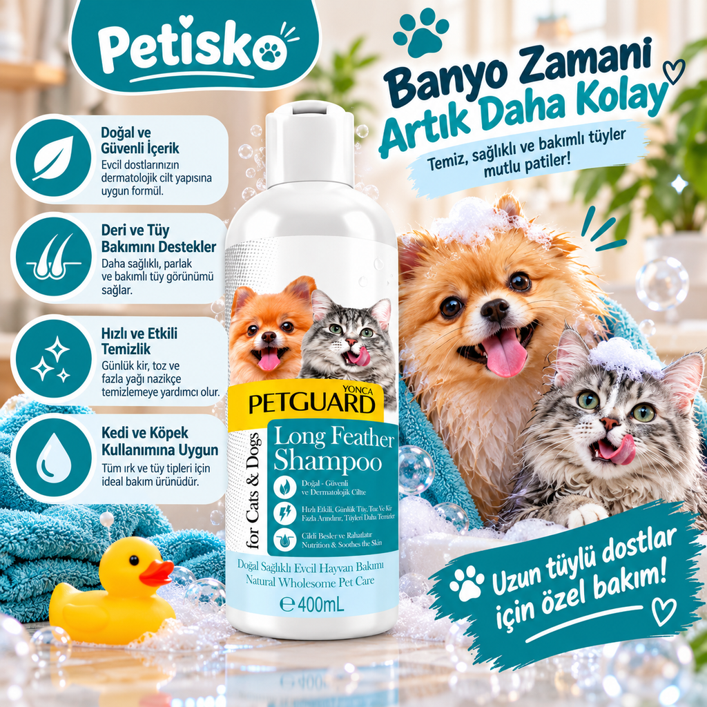 Petguard Long Feather Uzun Tüylü Kedi ve Köpek Şampuanı 400 ml – Deri ve Tüy Bakım Şampuanı
