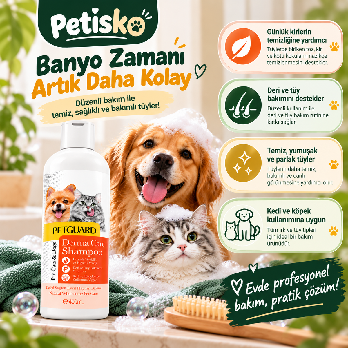 Petisko Petguard Derma Care Kedi ve Köpek Şampuanı 400 ml – Deri ve Tüy Bakım Şampuanı