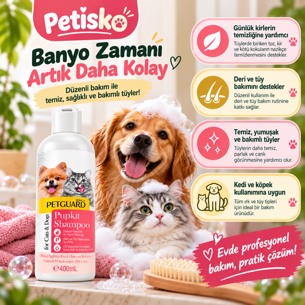Petguard Pupkit Yavru Kedi ve Köpek Şampuanı 400 ml – Hassas Tüy ve Günlük Hijyen Bakımı