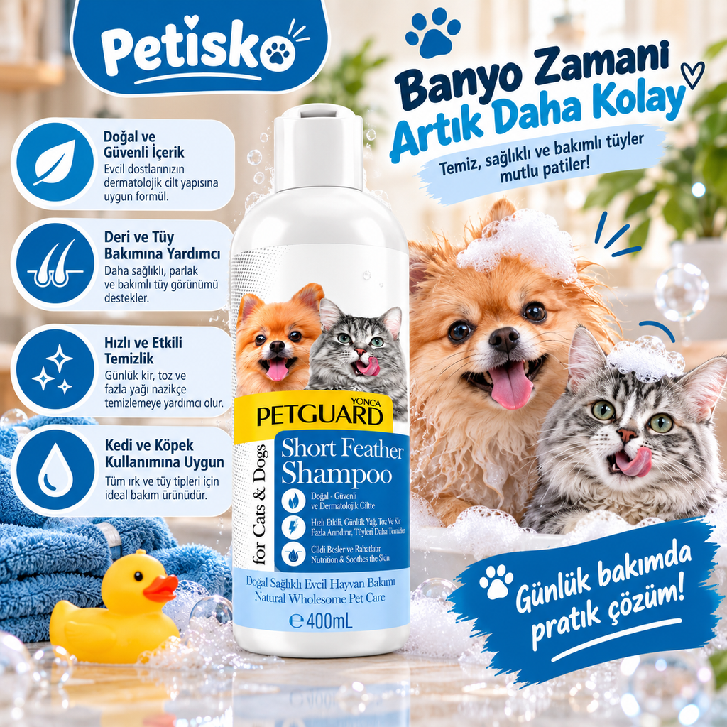 Petguard Short Feather Kısa Tüylü Kedi ve Köpek Şampuanı 400 ml – Deri ve Tüy Bakımı
