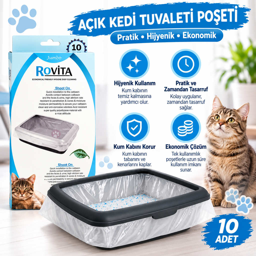 Rovita Jumbo Açık Kedi Tuvaleti Poşeti 10'lu Kutu – Kedi Kum Kabı Temizlik Torbası