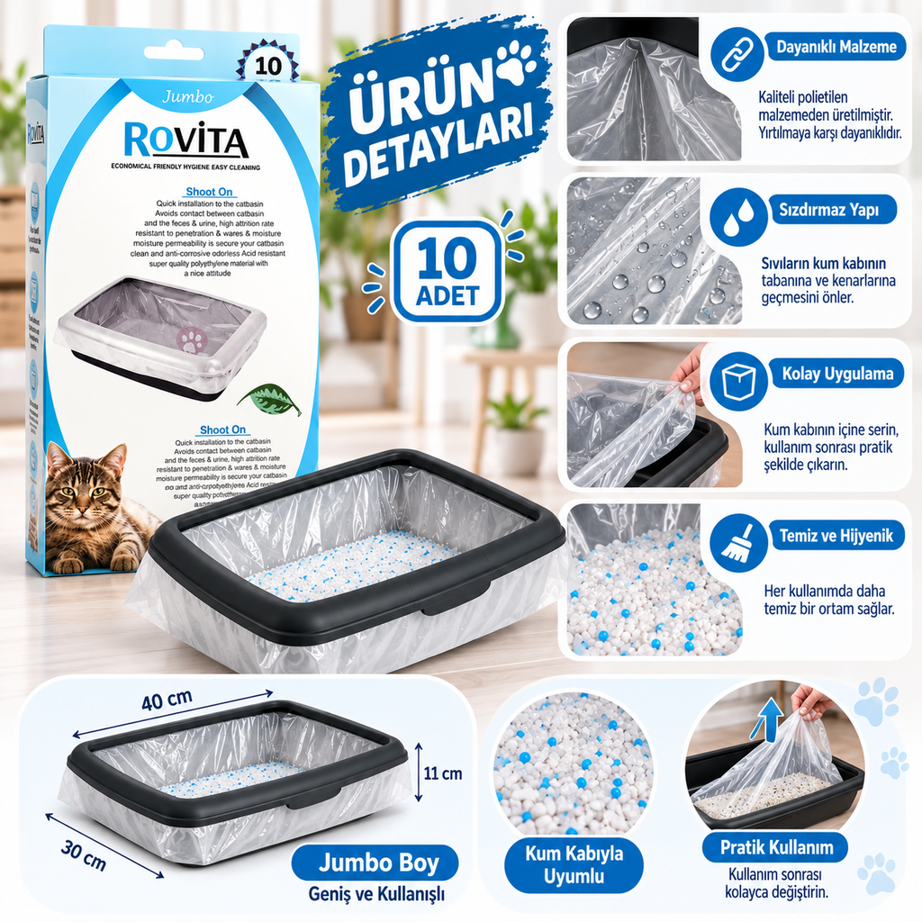 Rovita Jumbo Açık Kedi Tuvaleti Poşeti 10'lu Kutu – Kedi Kum Kabı Temizlik Torbası