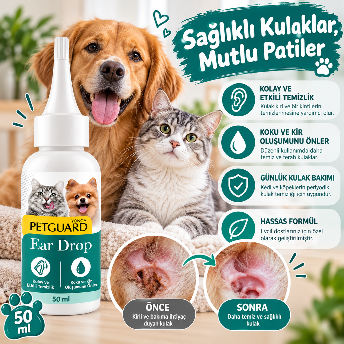 Petguard Ear Drop Kedi ve Köpek Kulak Temizleme Damlası 50 ml – Günlük Kulak Bakım Solüsyonu