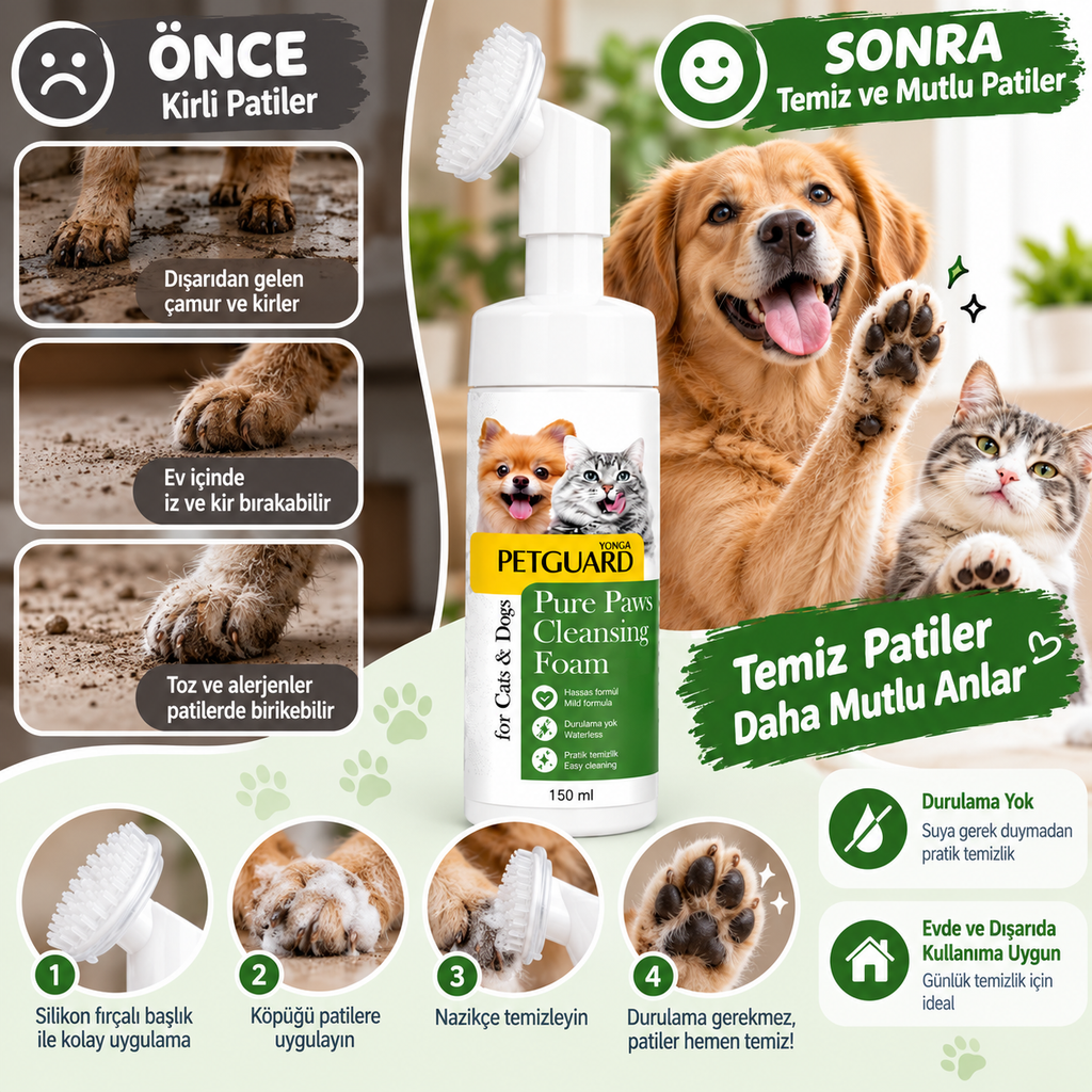 Petguard Pure Paws Kedi ve Köpek Pati Temizleme Köpüğü 150 ml – Silikon Fırçalı, Durulama Gerektirmeyen Bakım Köpüğü
