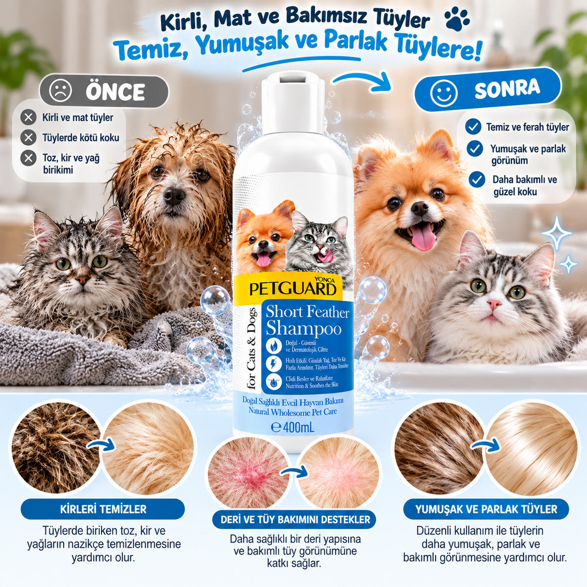 Petguard Short Feather Kısa Tüylü Kedi ve Köpek Şampuanı 400 ml – Deri ve Tüy Bakımı