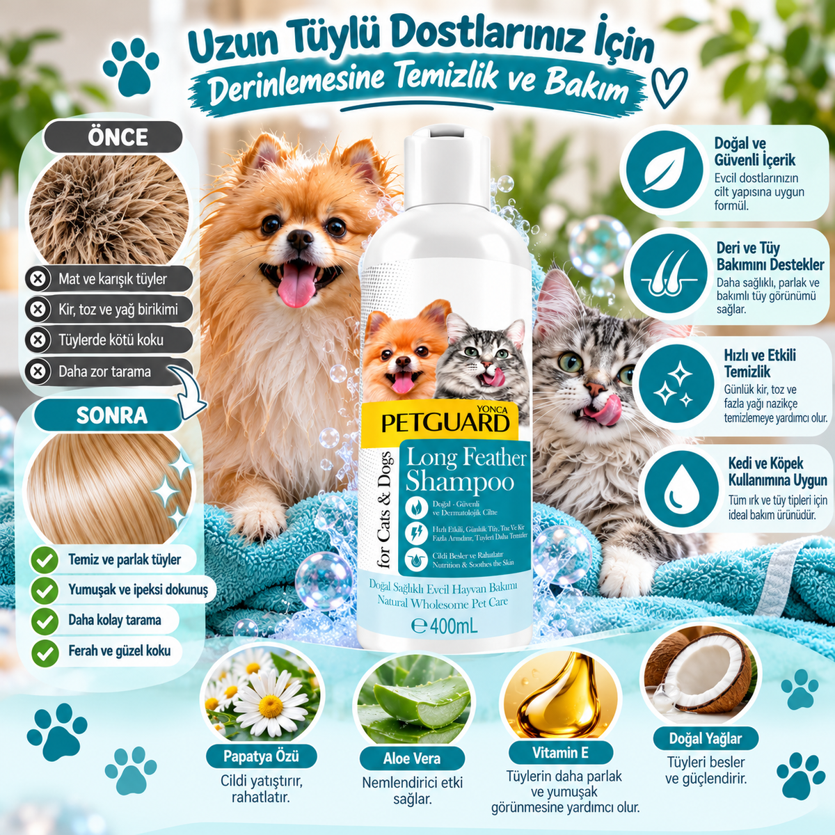Petguard Long Feather Uzun Tüylü Kedi ve Köpek Şampuanı 400 ml – Deri ve Tüy Bakım Şampuanı