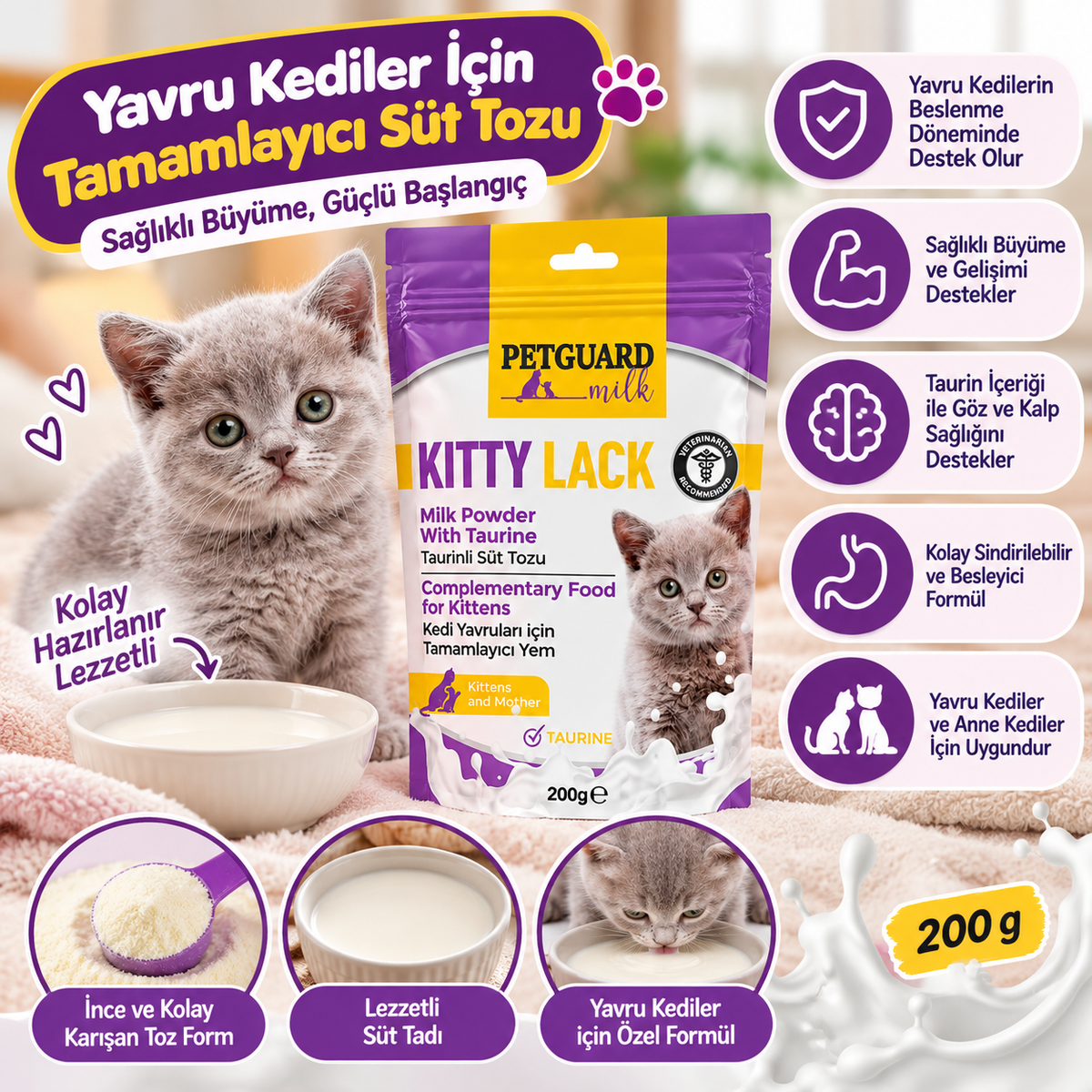 Petguard Kitty Lack Taurinli Yavru Kedi Süt Tozu 200 g – Tamamlayıcı Kedi Besini